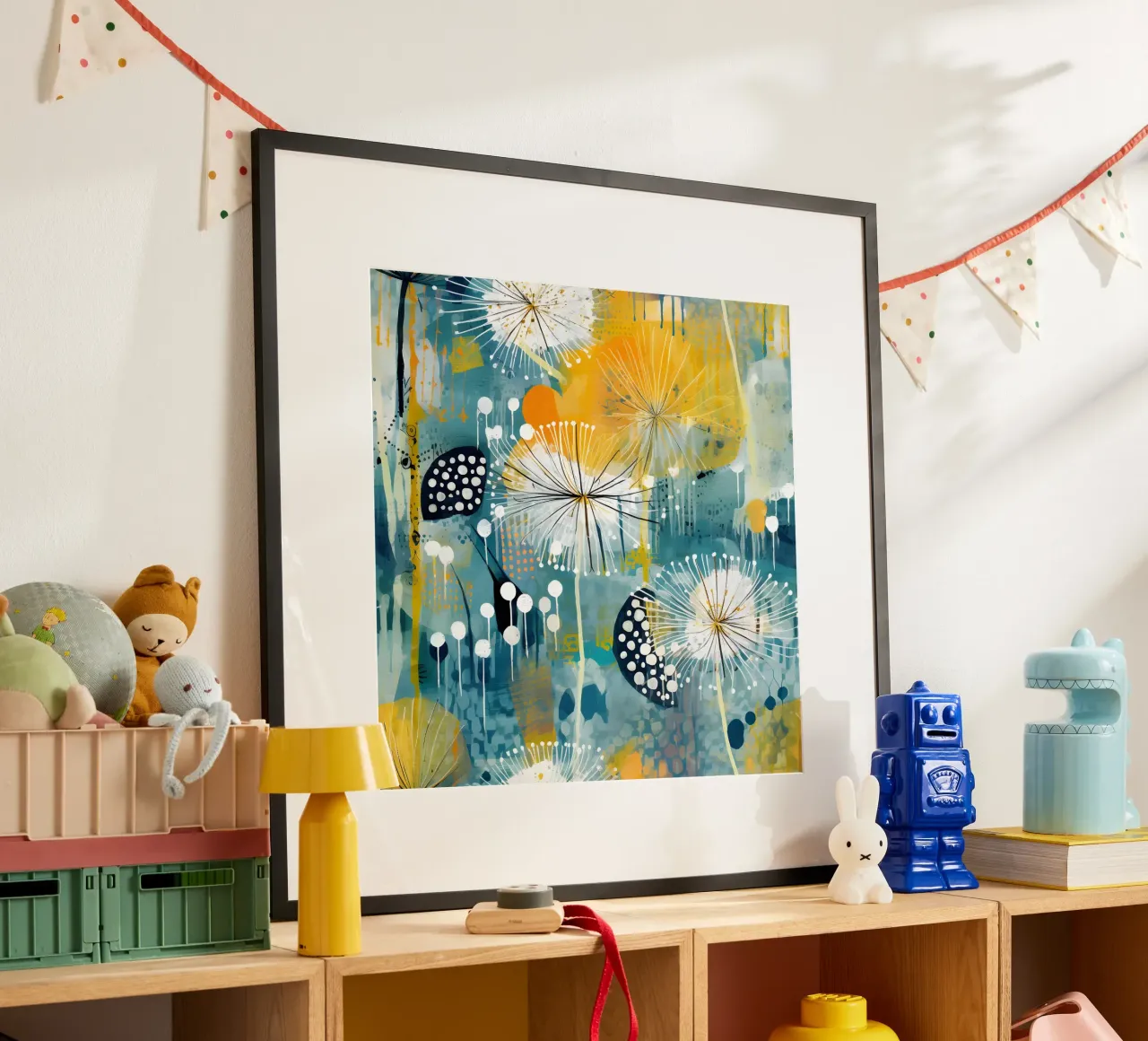 Denti di leone impressionisti poster con telaio in alluminio da Botanical Pattern House