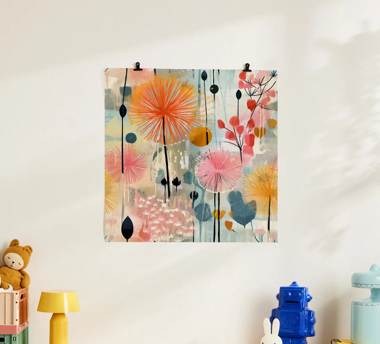Denti di leone impressionisti poster con telaio in legno da Botanical Pattern House