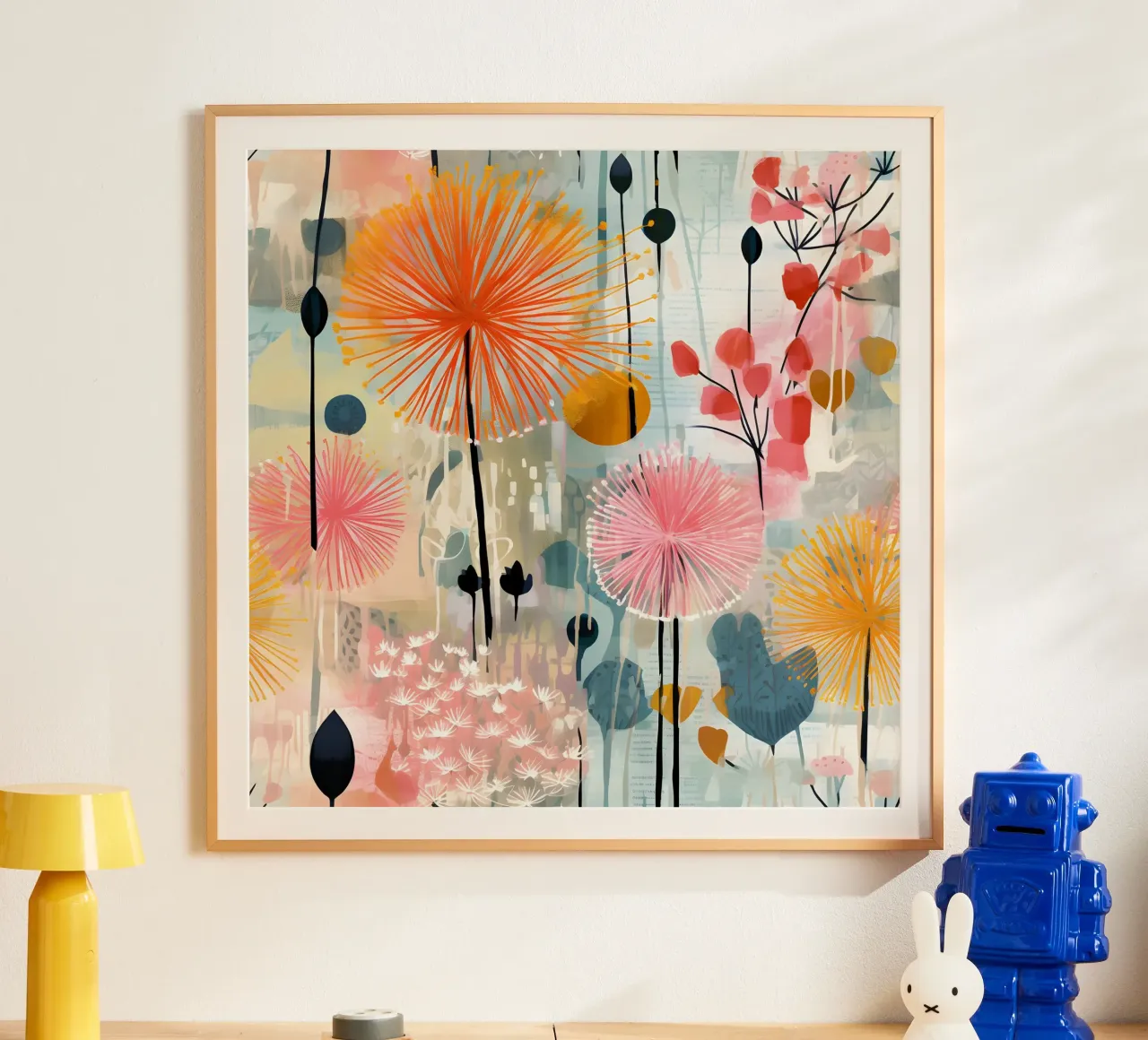 Denti di leone impressionisti poster con telaio in legno da Botanical Pattern House