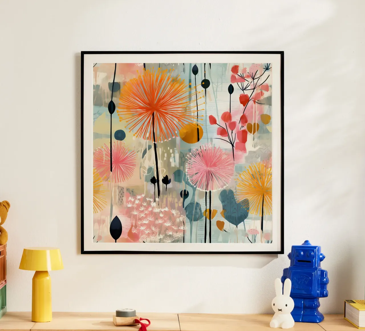 Denti di leone impressionisti poster con telaio in legno da Botanical Pattern House