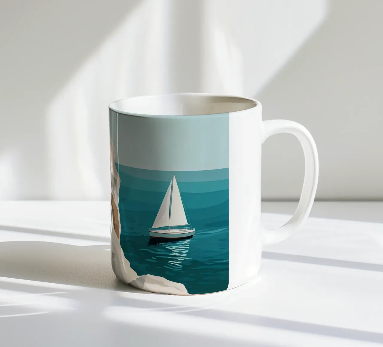 Barca a vela davanti a scogliere bianche tazza in ceramica da Digital Naive