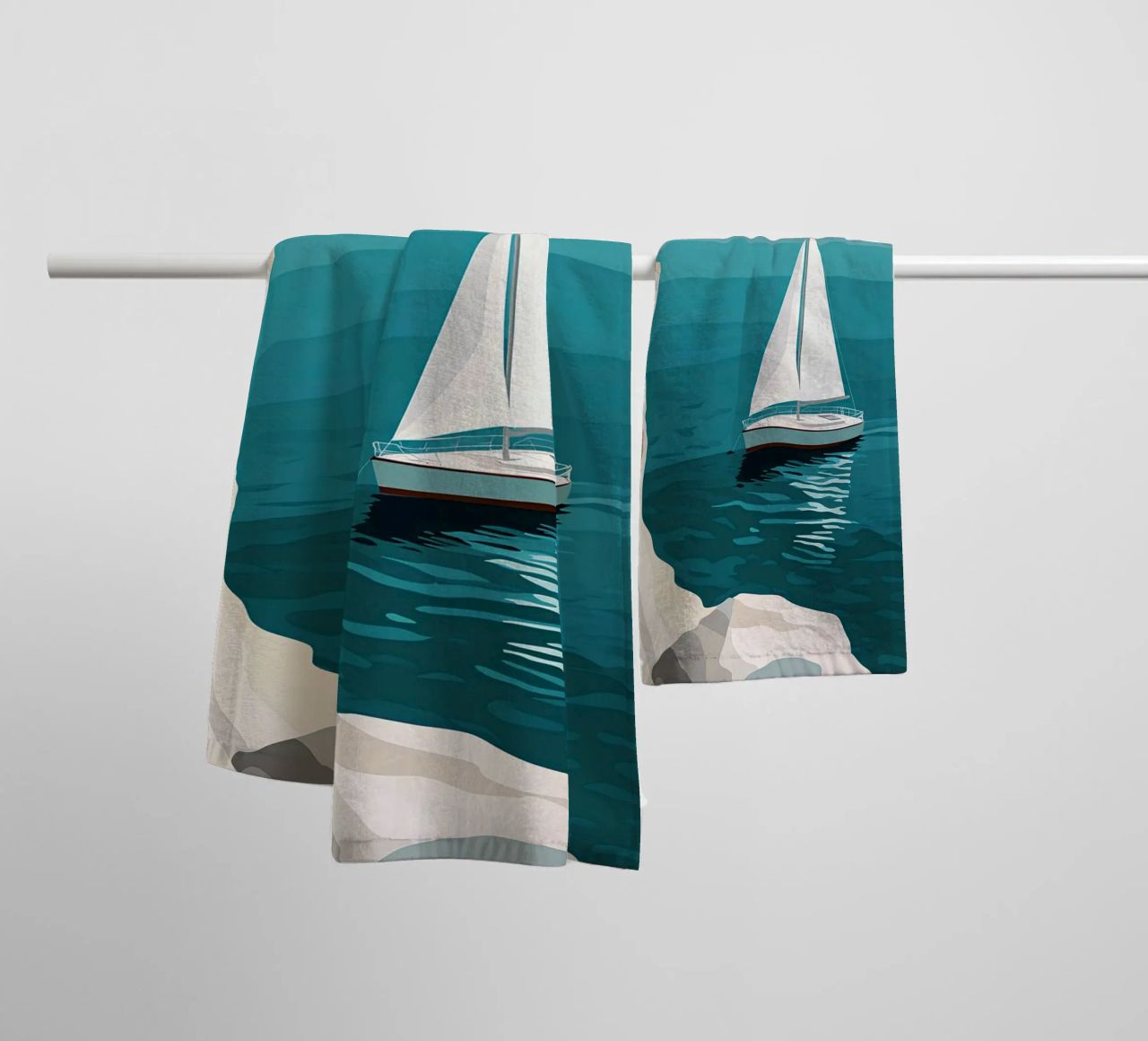 Voilier devant des falaises blanches serviette de bain de Digital Naive