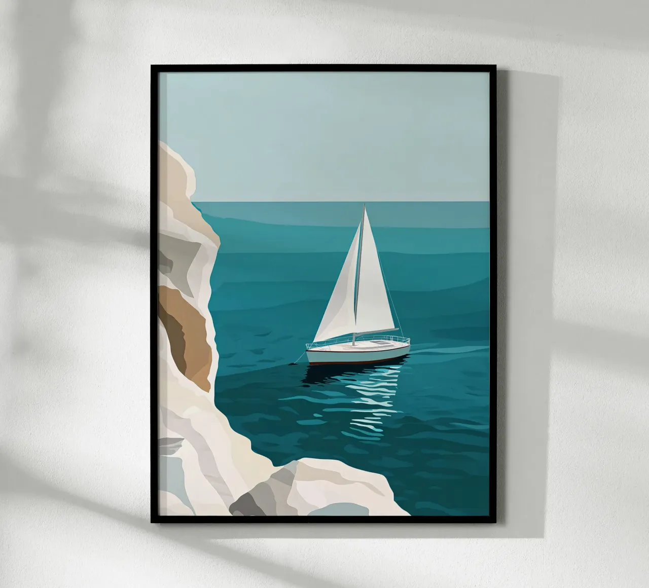 Barca a vela davanti a scogliere bianche poster con telaio in legno da Digital Naive