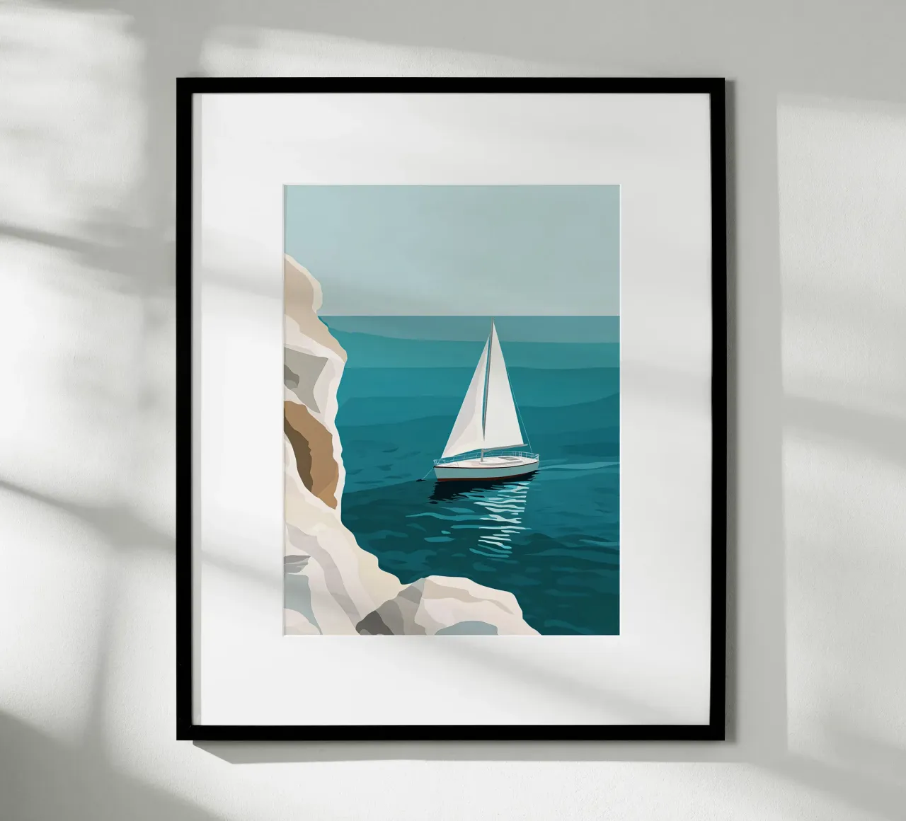 Barca a vela davanti a scogliere bianche poster con telaio in legno da Digital Naive