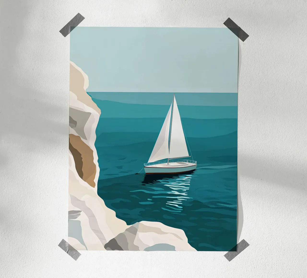 Barca a vela davanti a scogliere bianche poster con telaio in legno da Digital Naive
