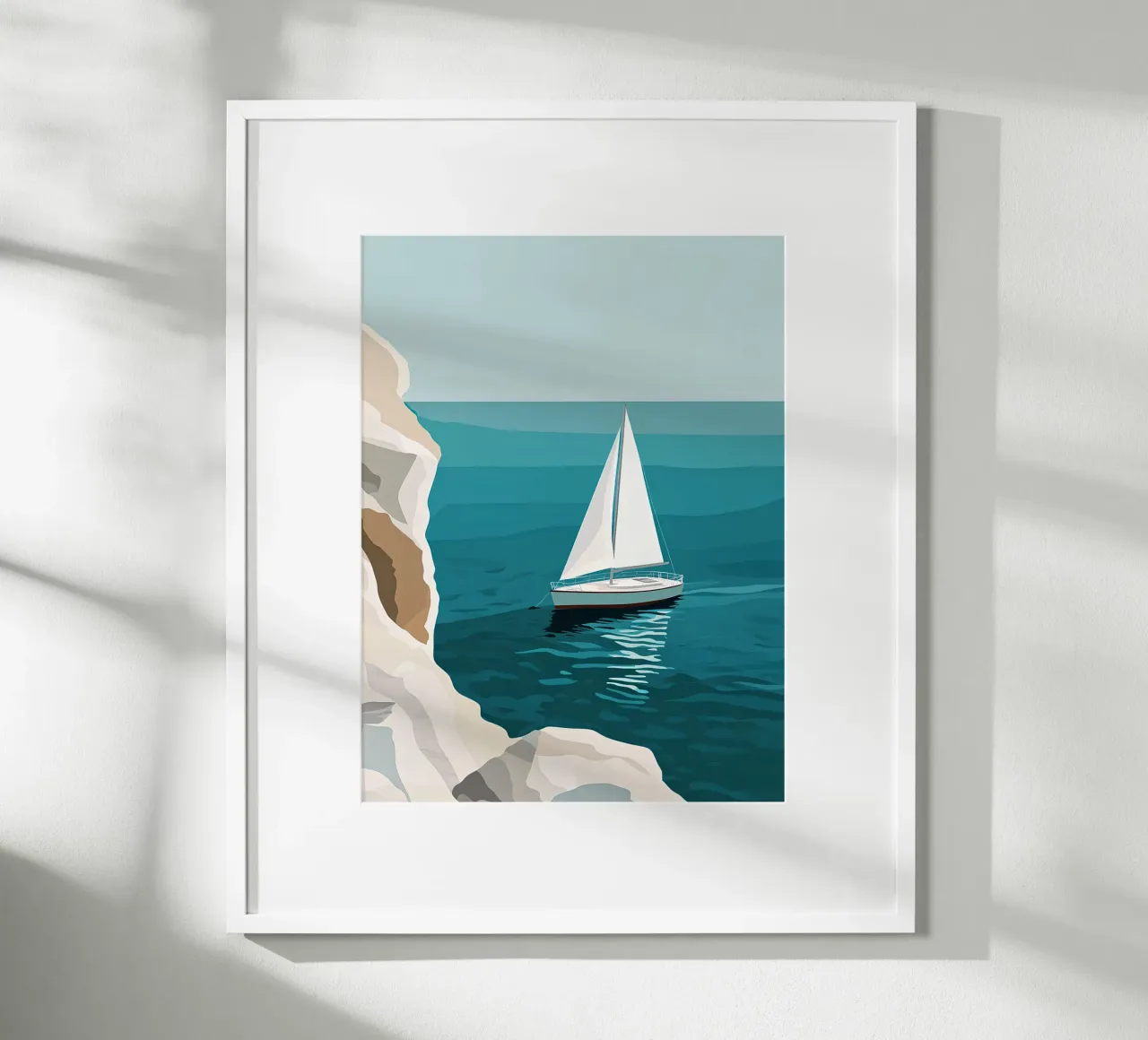 Barca a vela davanti a scogliere bianche poster con telaio in legno da Digital Naive