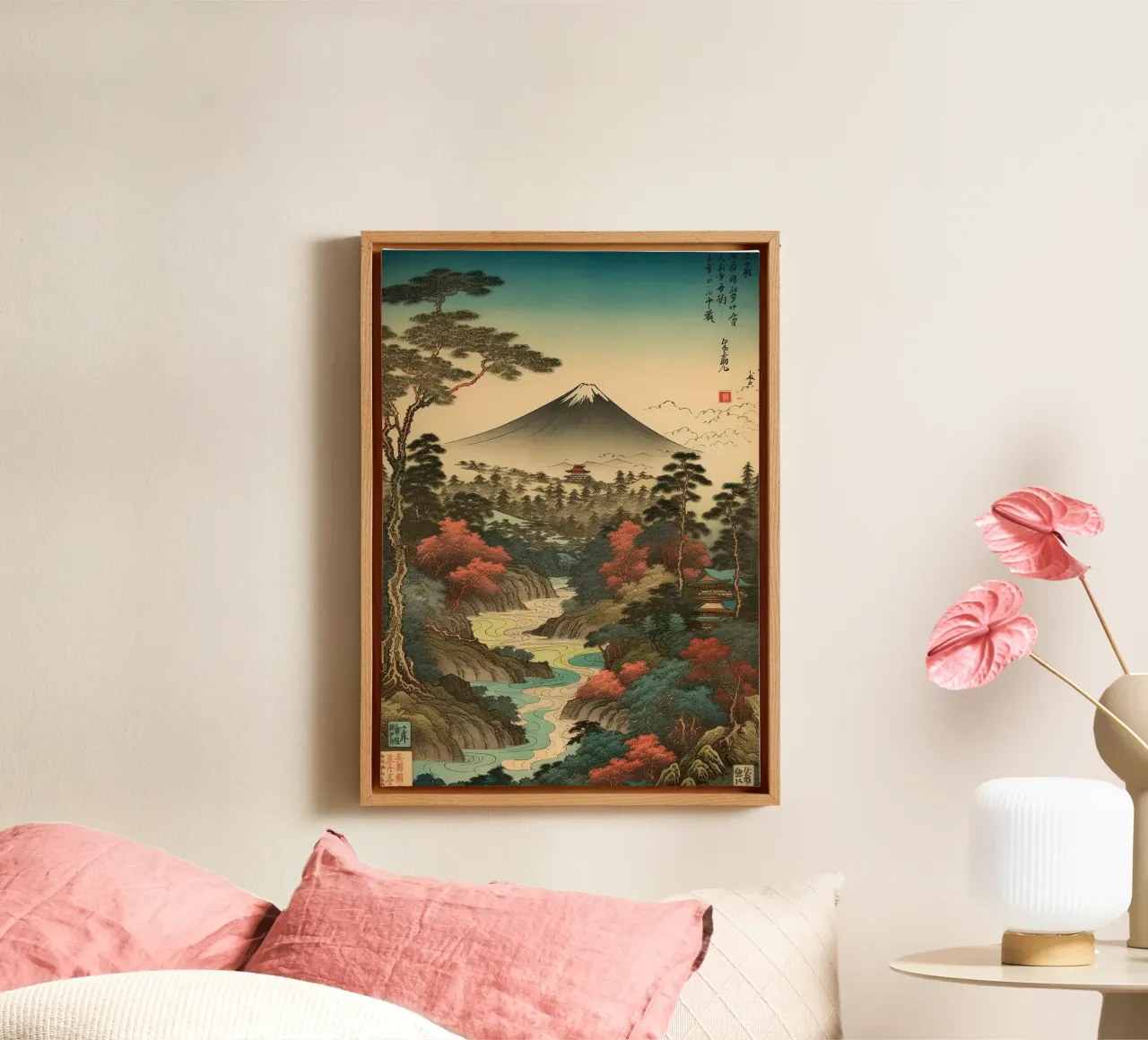 mountain trees river traditional architecture landscape canvas with Floater frame by Kirsten C Nolan