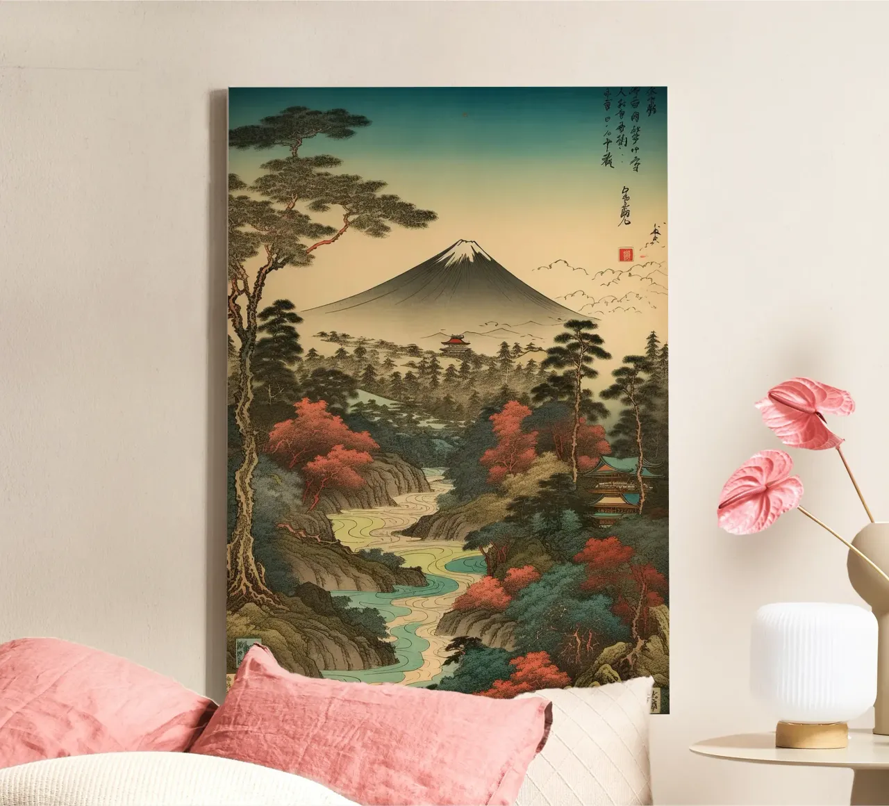mountain trees river traditional architecture landscape canvas with Floater frame by Kirsten C Nolan