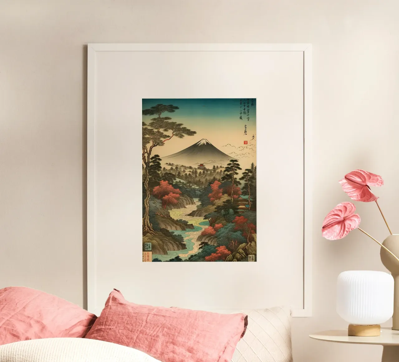 montagna alberi fiume architettura tradizionale paesaggio poster da Kirsten C Nolan