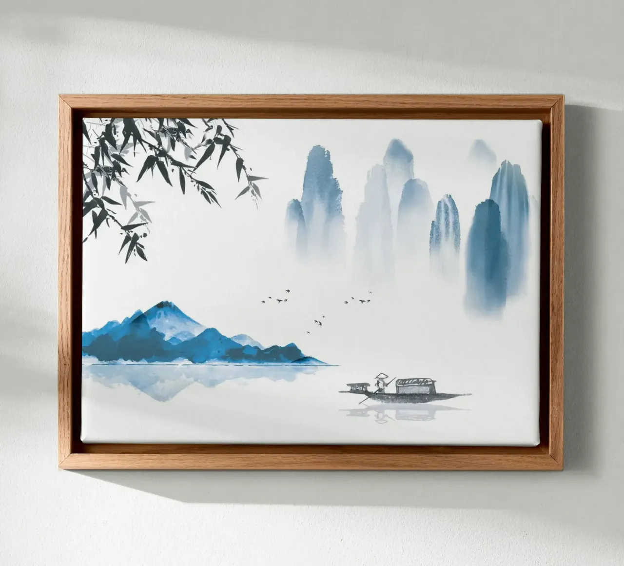 bergen boot meer bomen silhouet visser canvas met Baklijst van Kirsten C Nolan