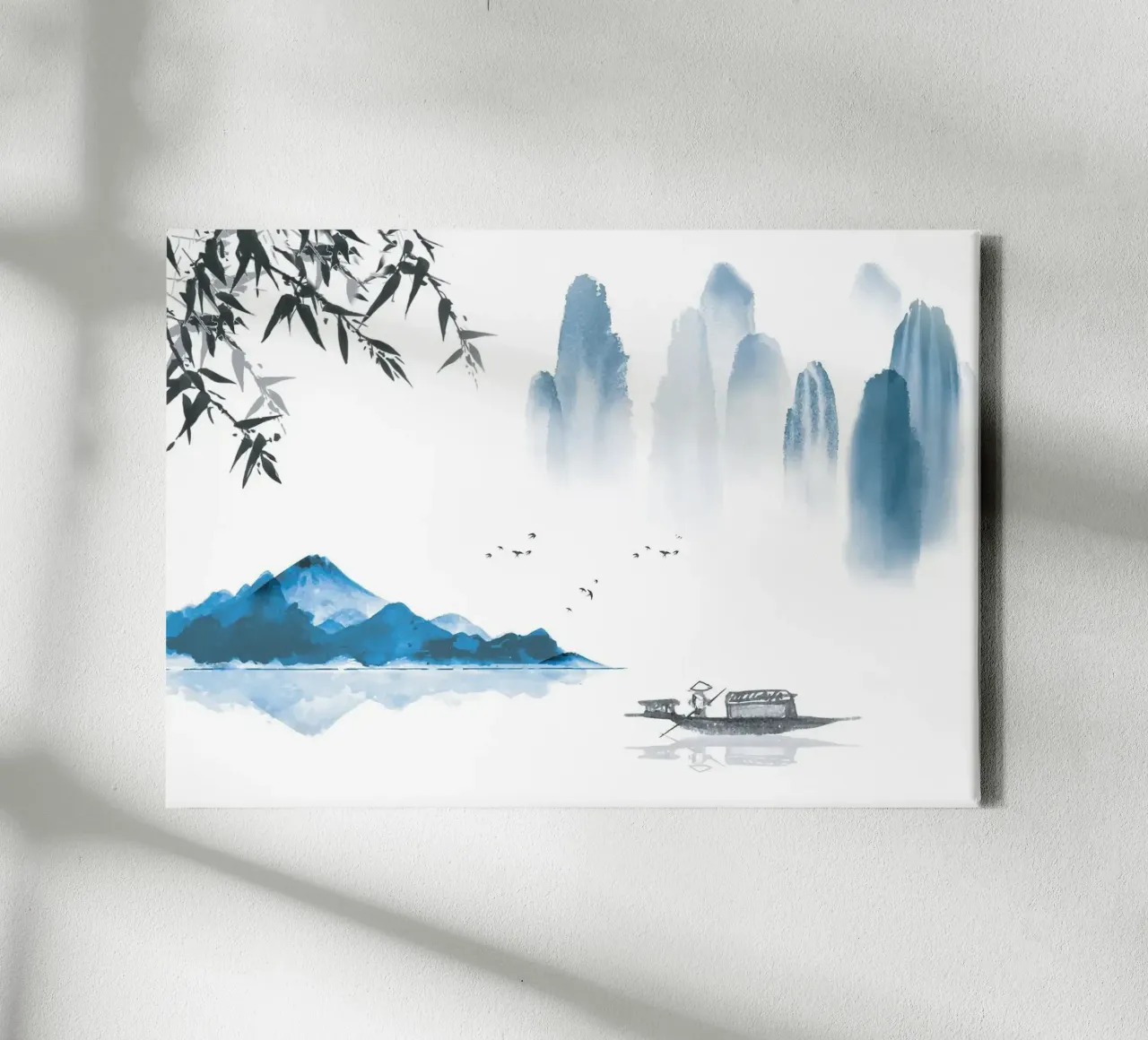 bergen boot meer bomen silhouet visser canvas met Baklijst van Kirsten C Nolan