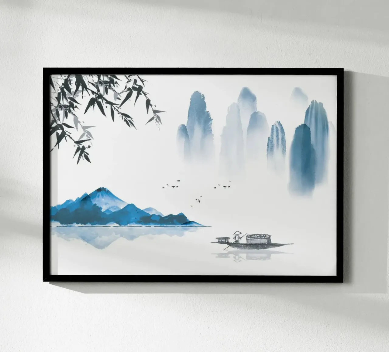 bergen boot meer bomen silhouet visser poster met kunststof frame van Kirsten C Nolan
