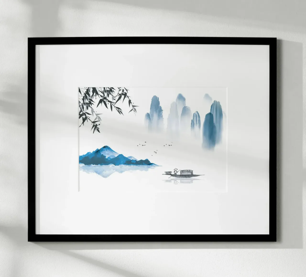 bergen boot meer bomen silhouet visser poster met kunststof frame van Kirsten C Nolan
