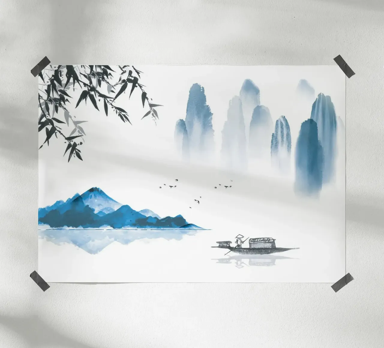 bergen boot meer bomen silhouet visser poster met kunststof frame van Kirsten C Nolan