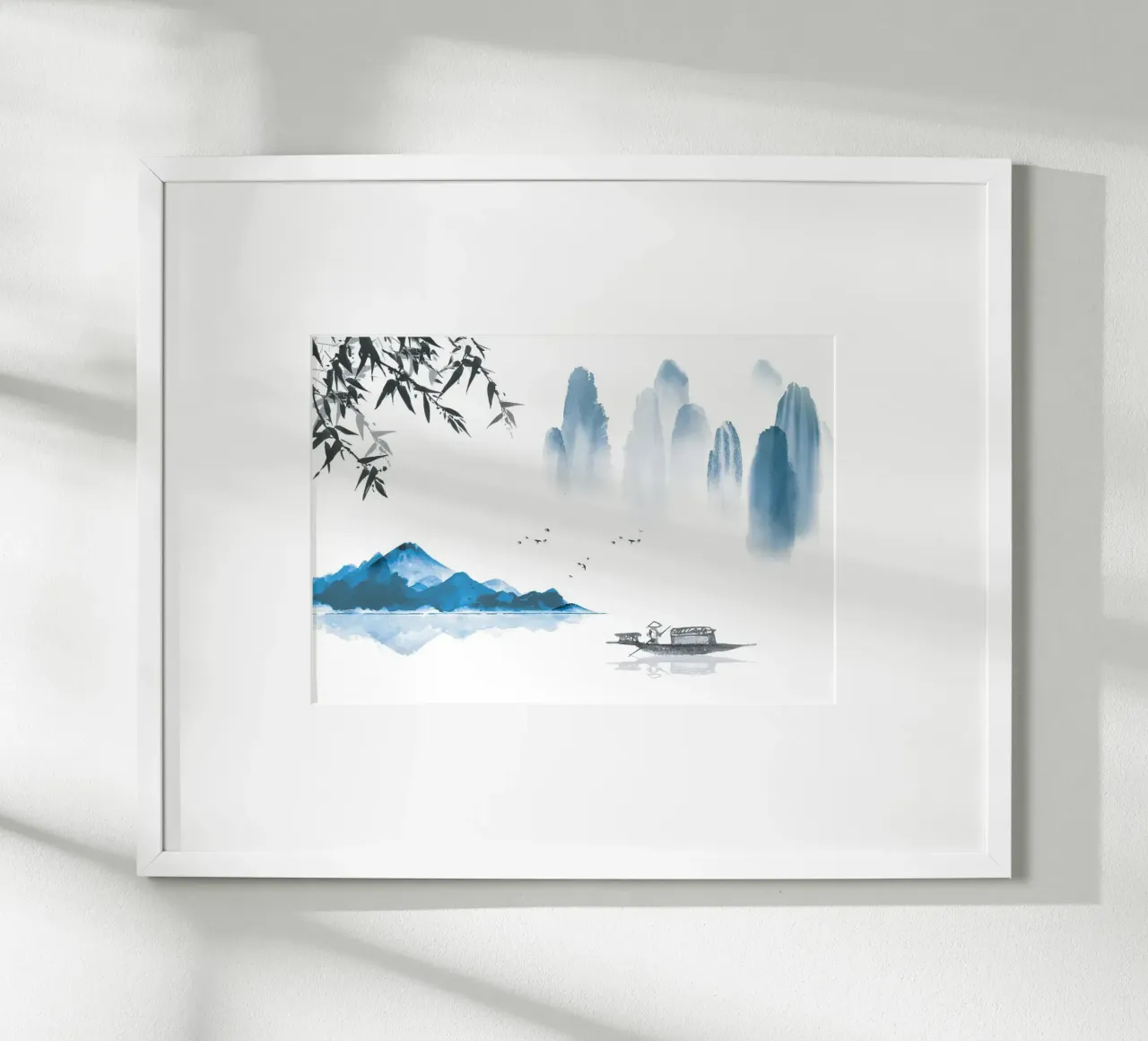 bergen boot meer bomen silhouet visser poster met kunststof frame van Kirsten C Nolan