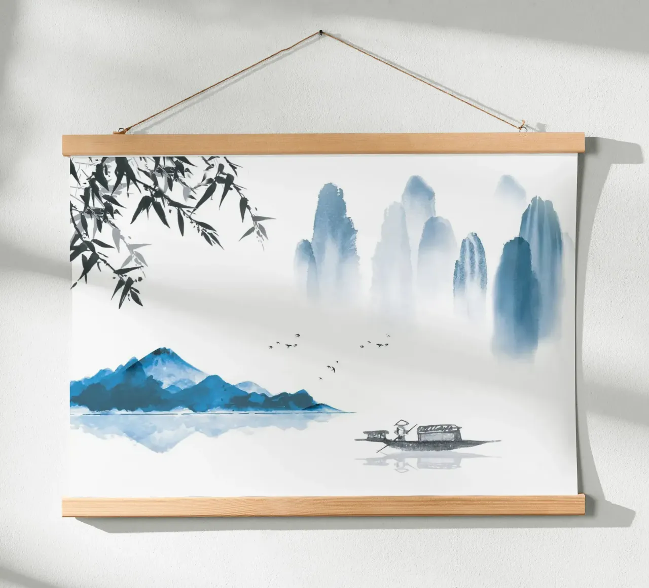 bergen boot meer bomen silhouet visser poster met kunststof frame van Kirsten C Nolan