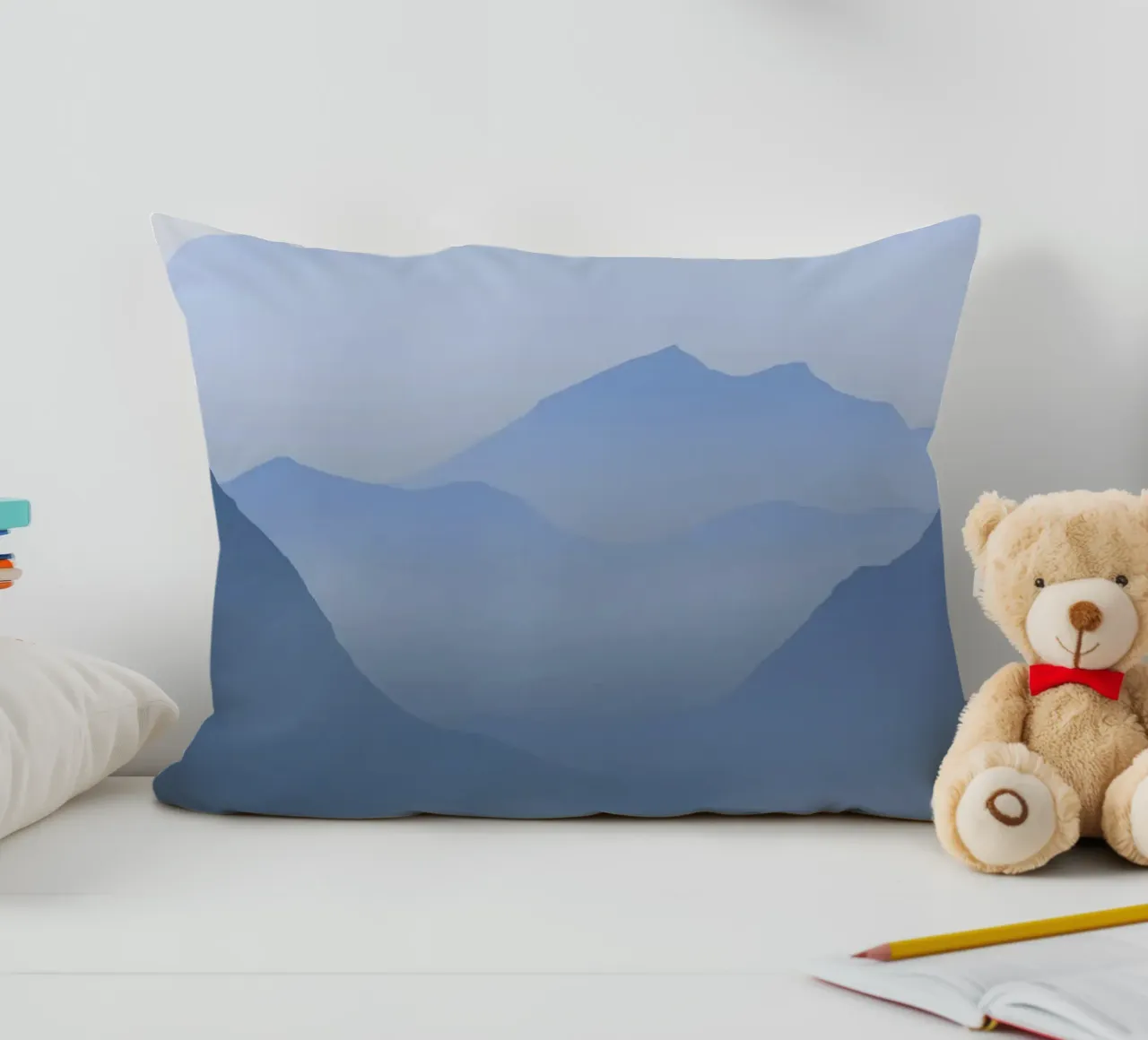 mountains hills valleys sun sunrise mist fog decorative cushion by Kirsten C Nolan