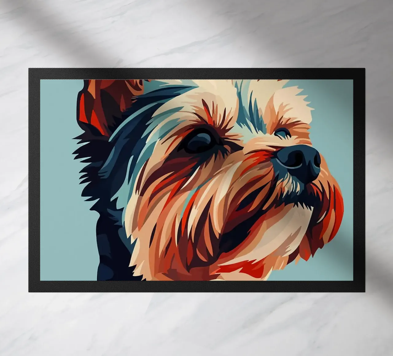 dog yorkshire terrier pet ears fur portrait doormat by Kirsten C Nolan