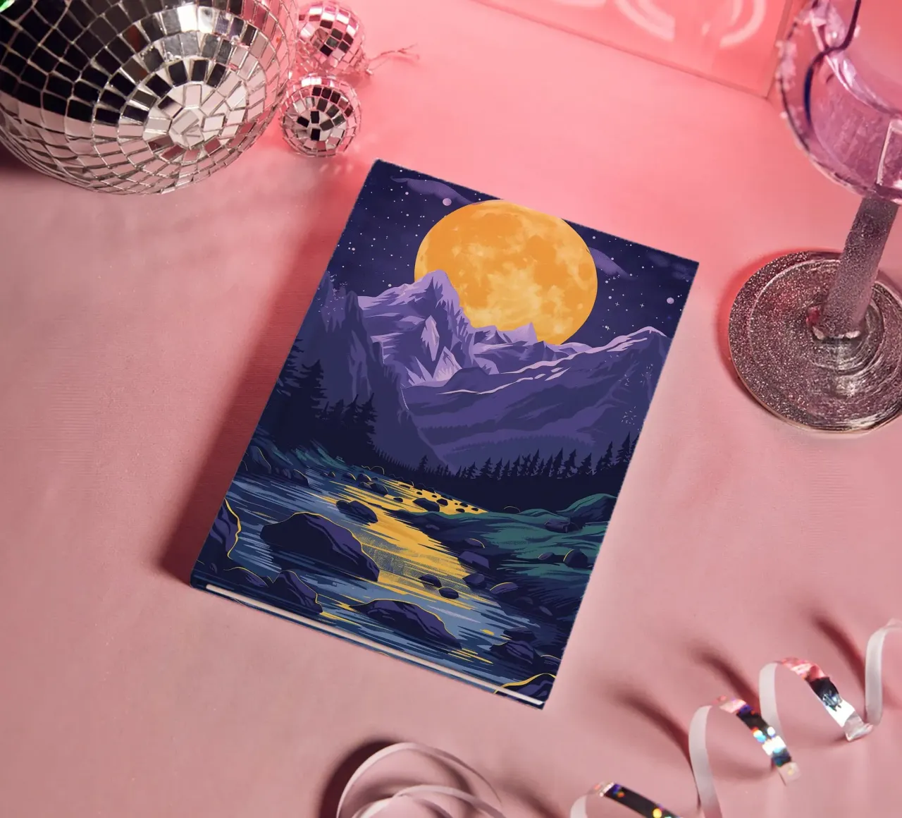 full moon night sky stars mountain range river rocks notebook by Kirsten C Nolan