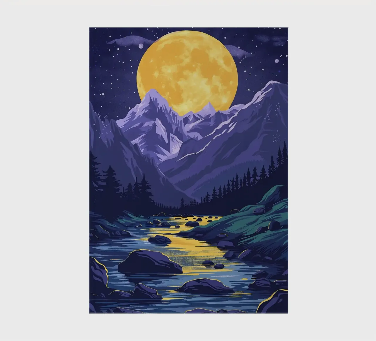 full moon night sky stars mountain range river rocks notebook by Kirsten C Nolan