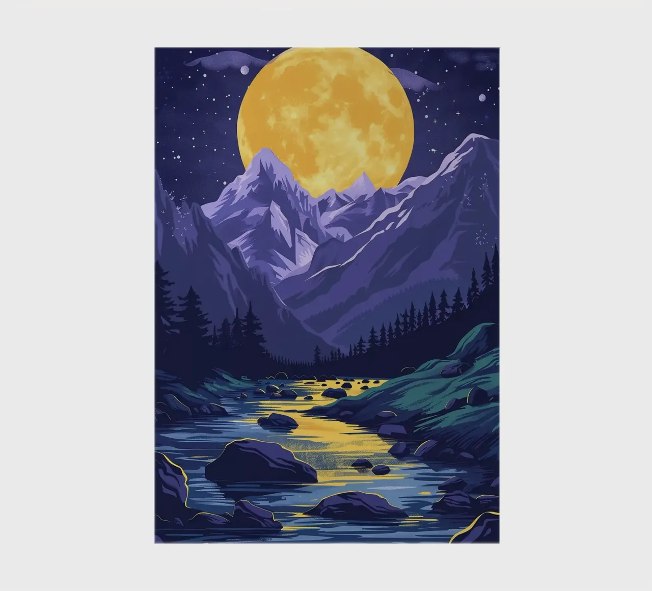 full moon night sky stars mountain range river rocks notebook by Kirsten C Nolan