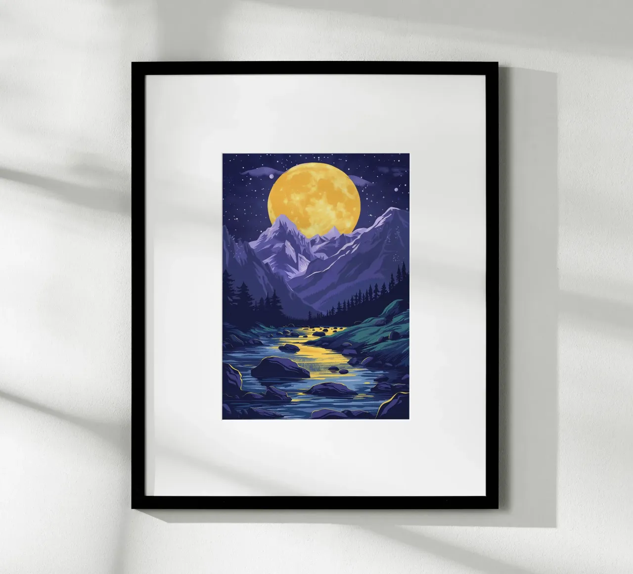 full moon night sky stars mountain range river rocks hahnemühle by Kirsten C Nolan