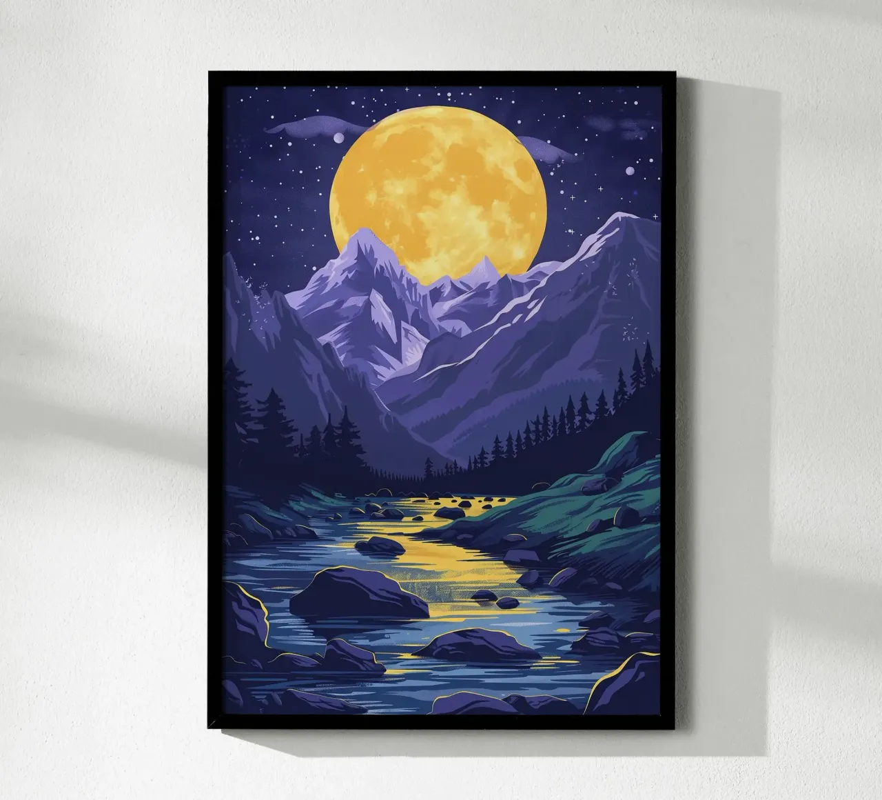full moon night sky stars mountain range river rocks hahnemühle by Kirsten C Nolan