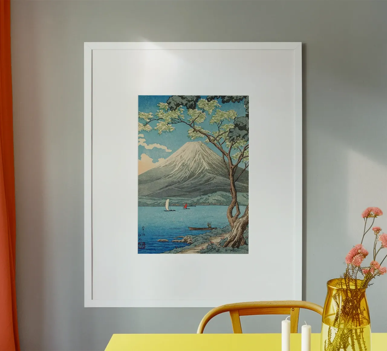 Berg See Baum Segelboot Wolken Himmel Poster mit Aluminium Rahmen von James Isaac Jackson