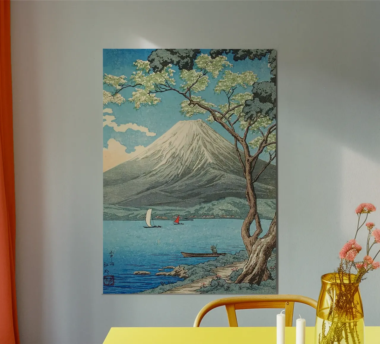 Berg See Baum Segelboot Wolken Himmel Poster mit Aluminium Rahmen von James Isaac Jackson