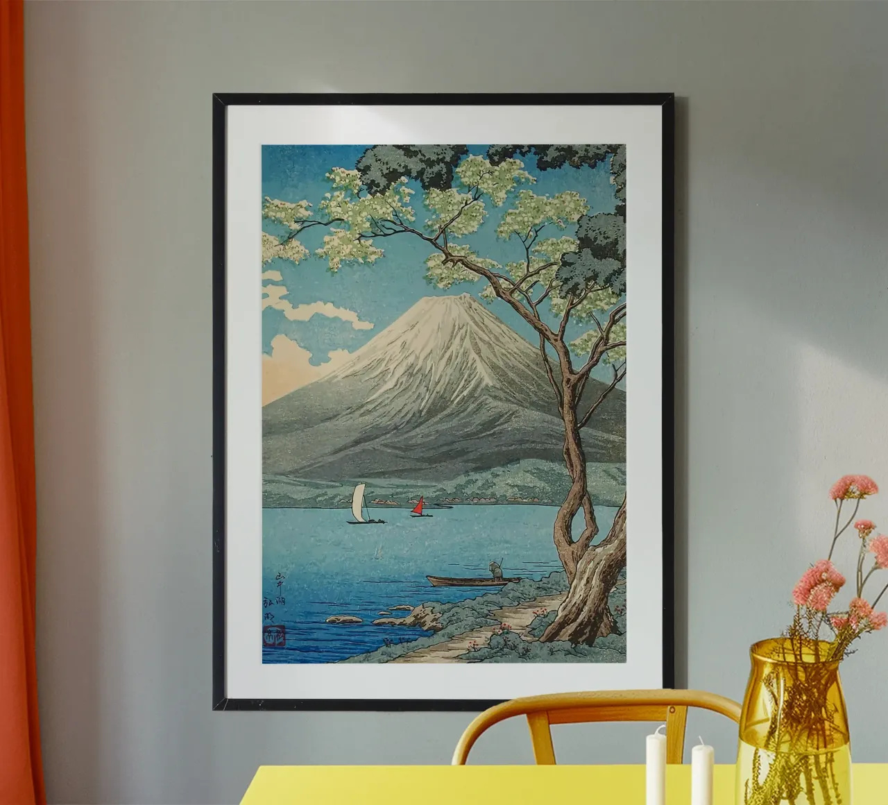 Berg See Baum Segelboot Wolken Himmel Poster mit Aluminium Rahmen von James Isaac Jackson
