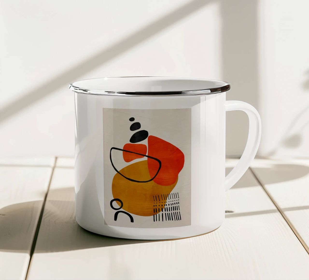 geometric shapes abstract forms circles rectangles enamel mug by James Isaac Jackson