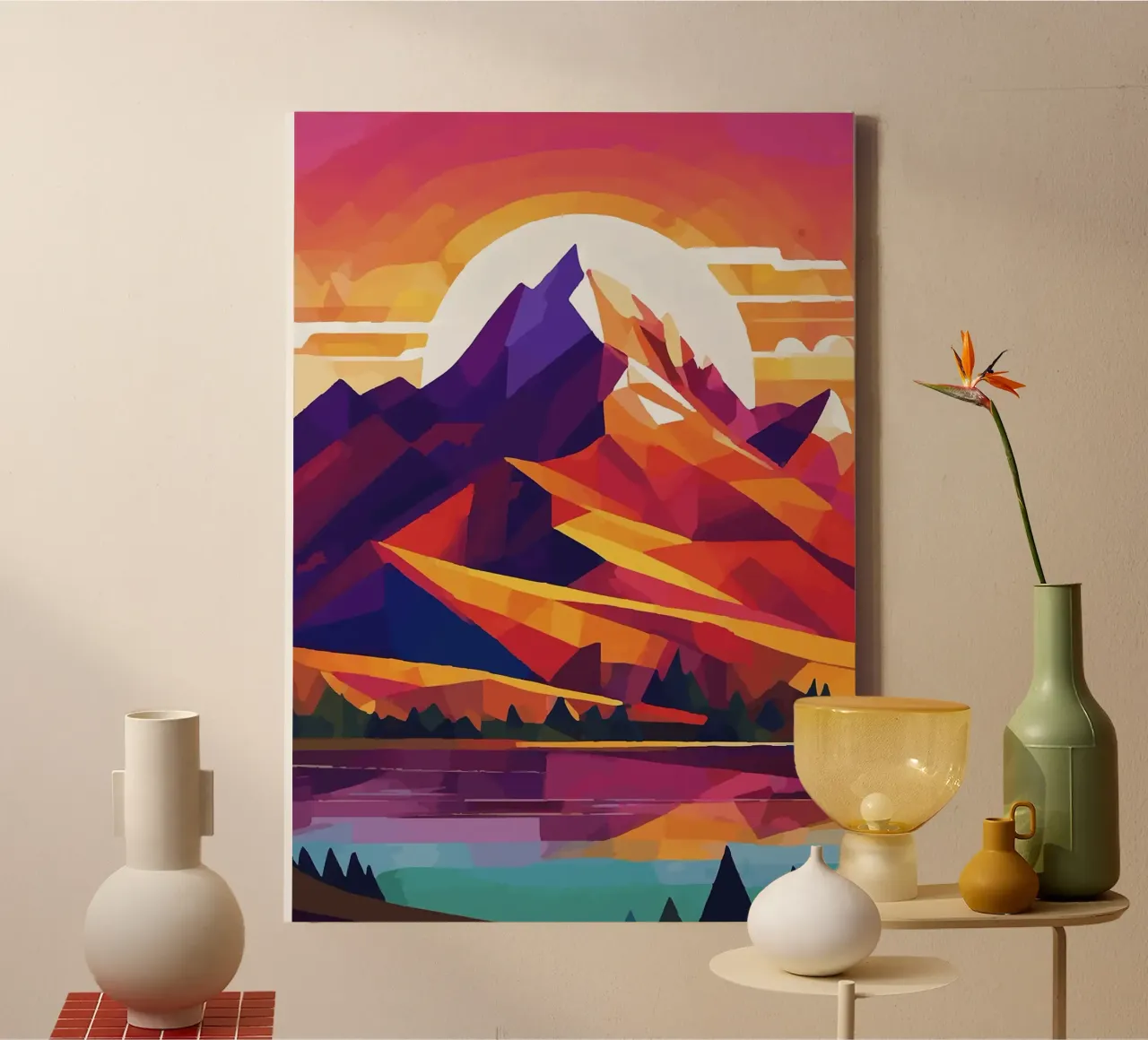 montagne sole forme geometriche triangoli lago tela con Cornice a cassetta da James Isaac Jackson
