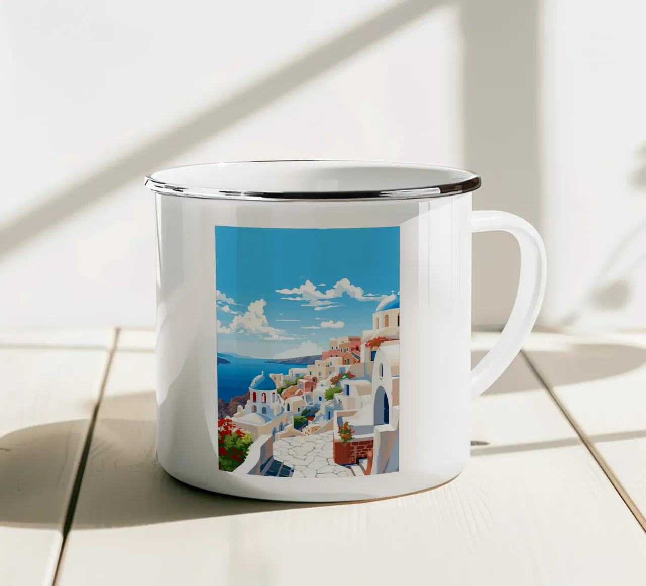 Santorini grieks eiland witbouw mediterraan emaille mok van James Isaac Jackson