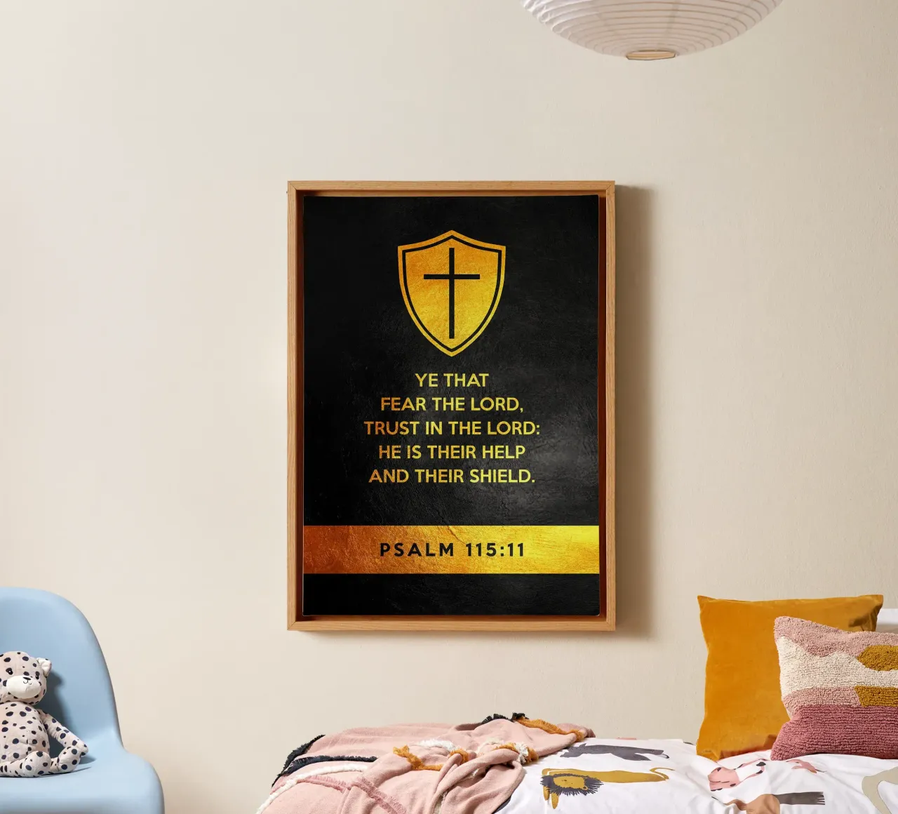 cross shield psalm Bible verse text canvas with Floater frame by James Isaac Jackson