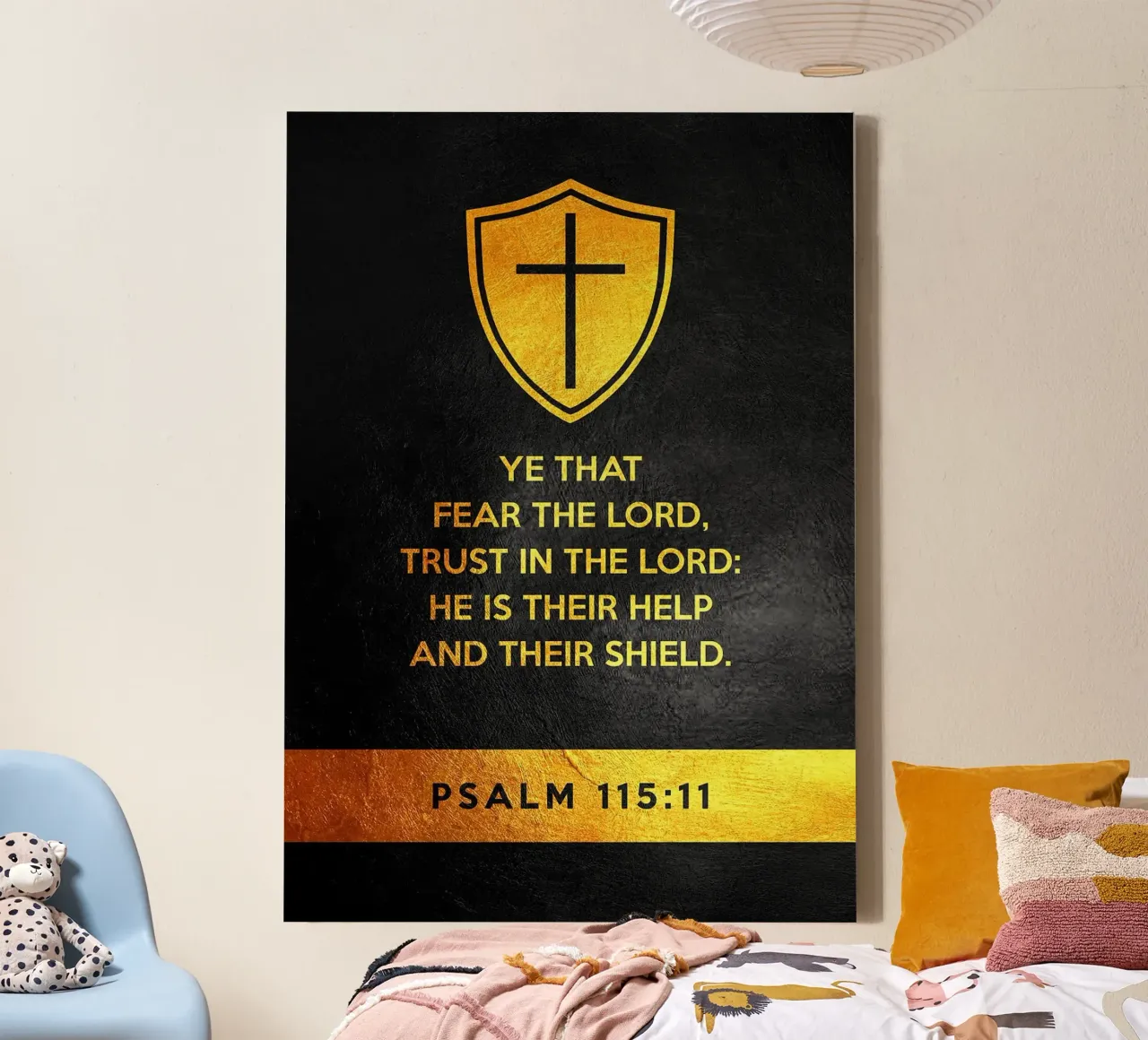 cross shield psalm Bible verse text canvas with Floater frame by James Isaac Jackson