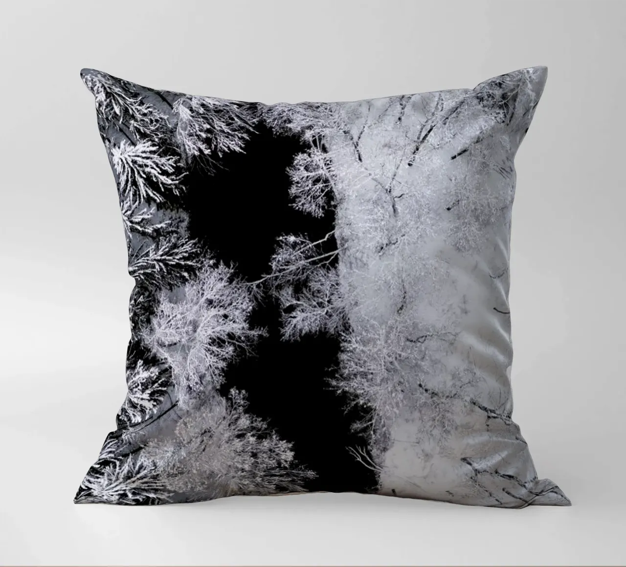 Black River Through The Snowy Winter Forest decorative cushion by Studio Nahili