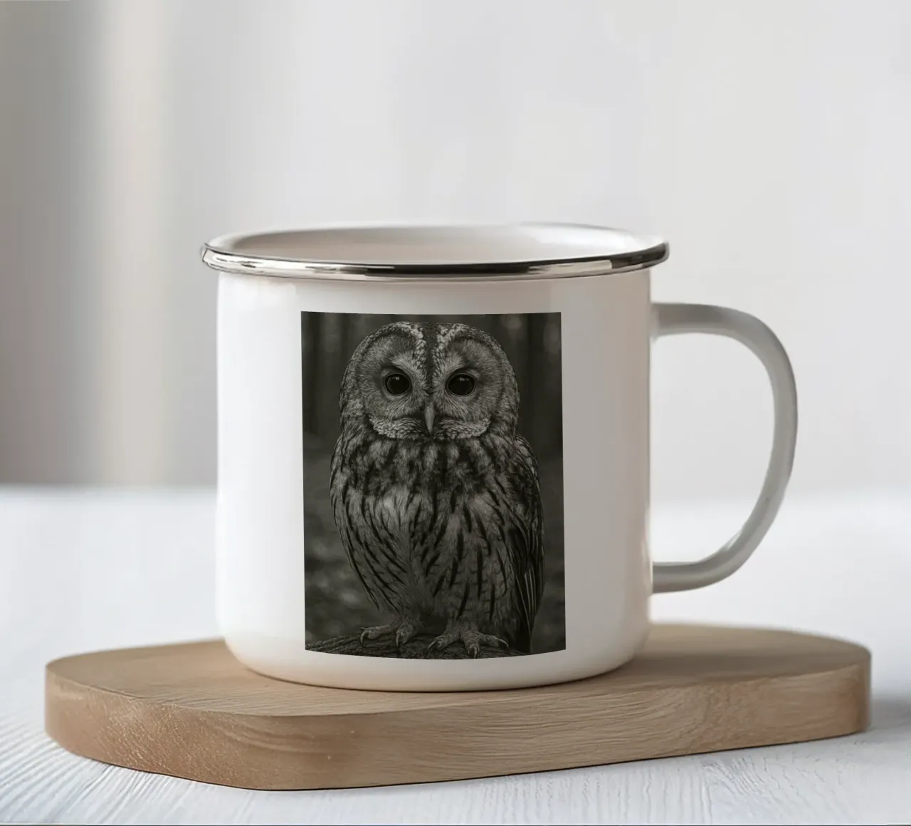 gufo fotografia in bianco e nero tazza in smalto da the gunduls