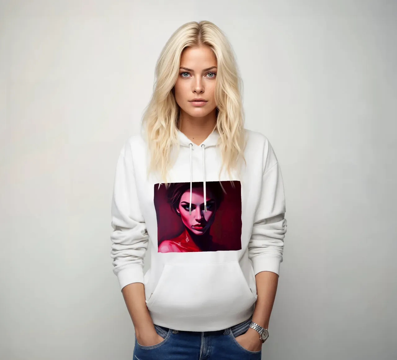 donna che mostra colori vivaci e un'espressione intensa felpa con cappuccio da DesignDoodle