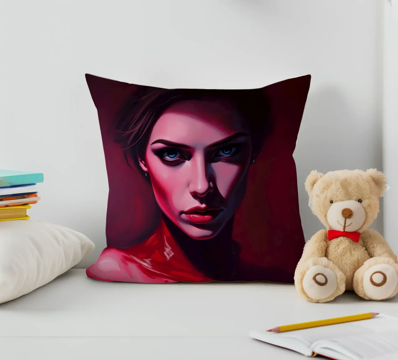 donna che mostra colori vivaci e un'espressione intensa cuscino da DesignDoodle