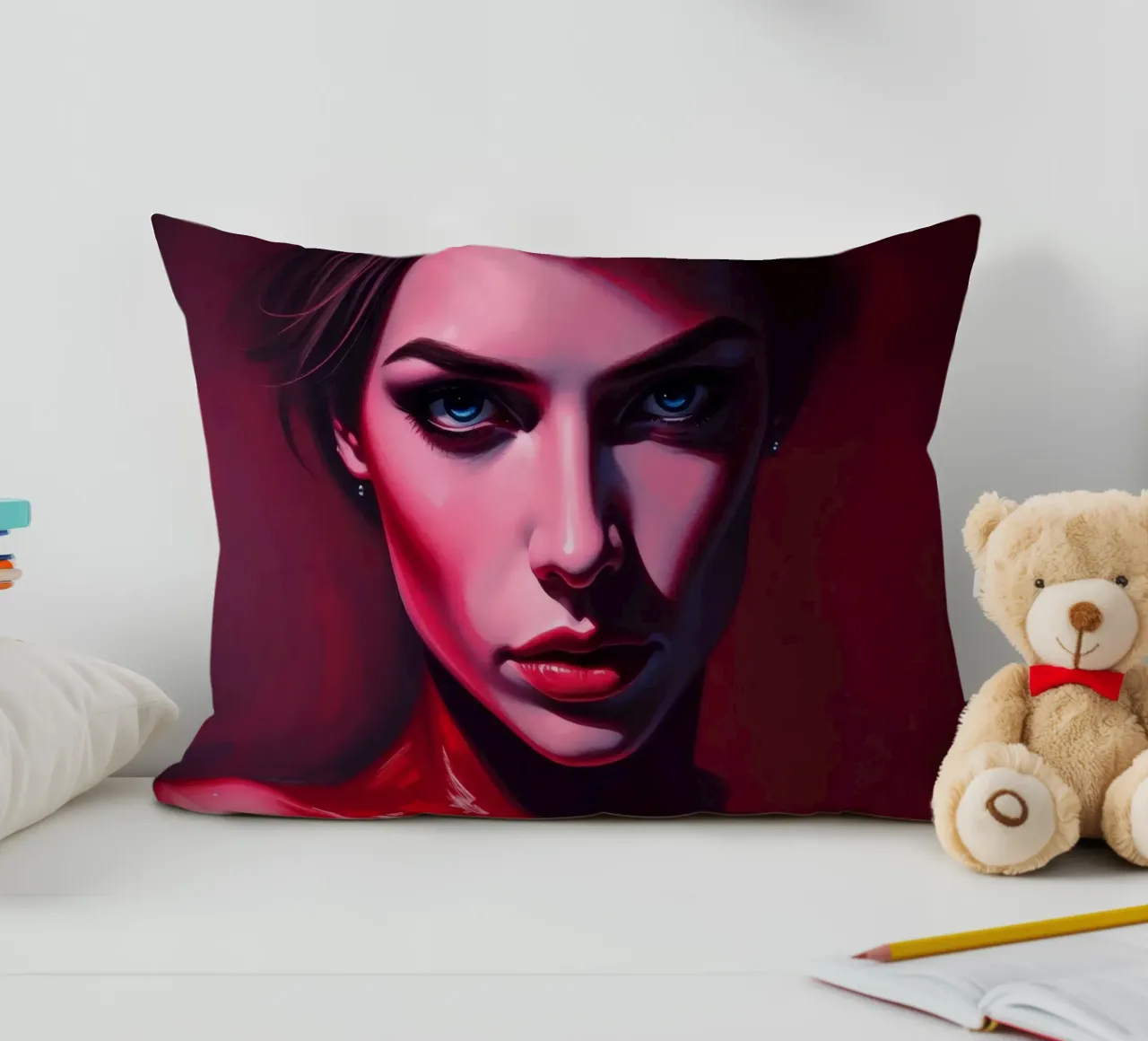 donna che mostra colori vivaci e un'espressione intensa cuscino da DesignDoodle