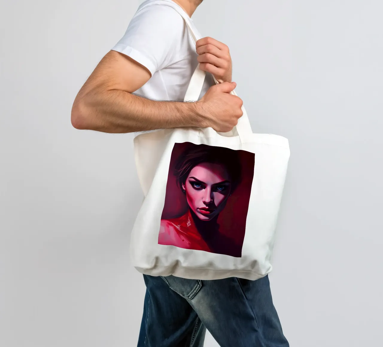 donna che mostra colori vivaci e un'espressione intensa borsa in juta da DesignDoodle