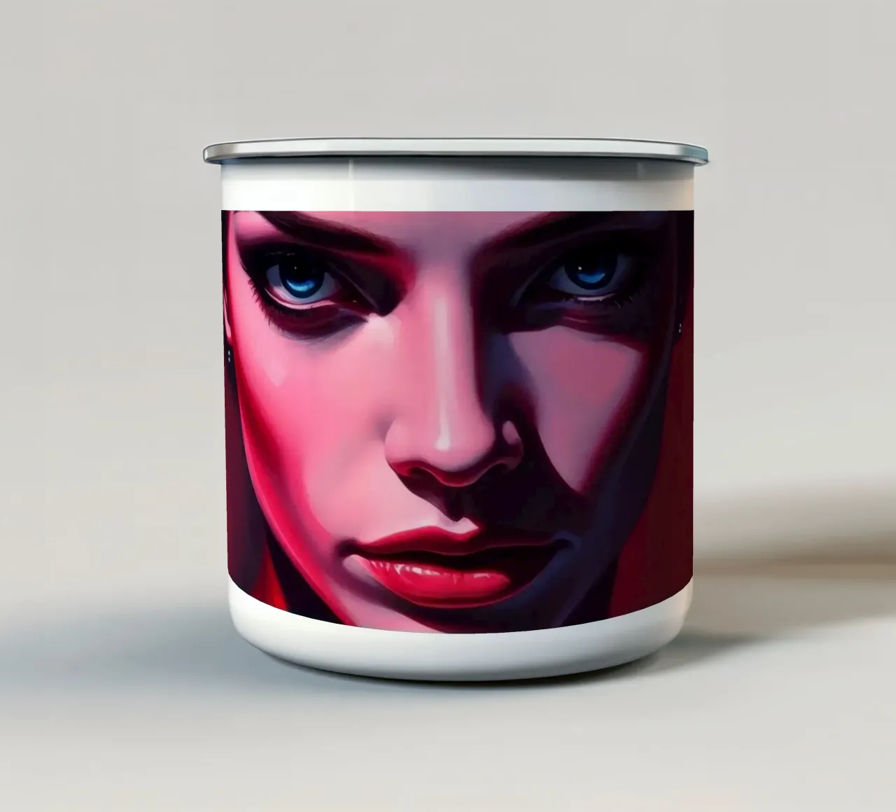 donna che mostra colori vivaci e un'espressione intensa tazza in smalto da DesignDoodle