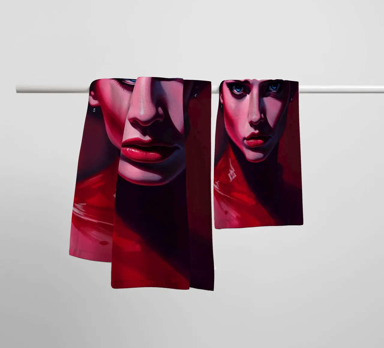 donna che mostra colori vivaci e un'espressione intensa asciugamano da bagno da DesignDoodle