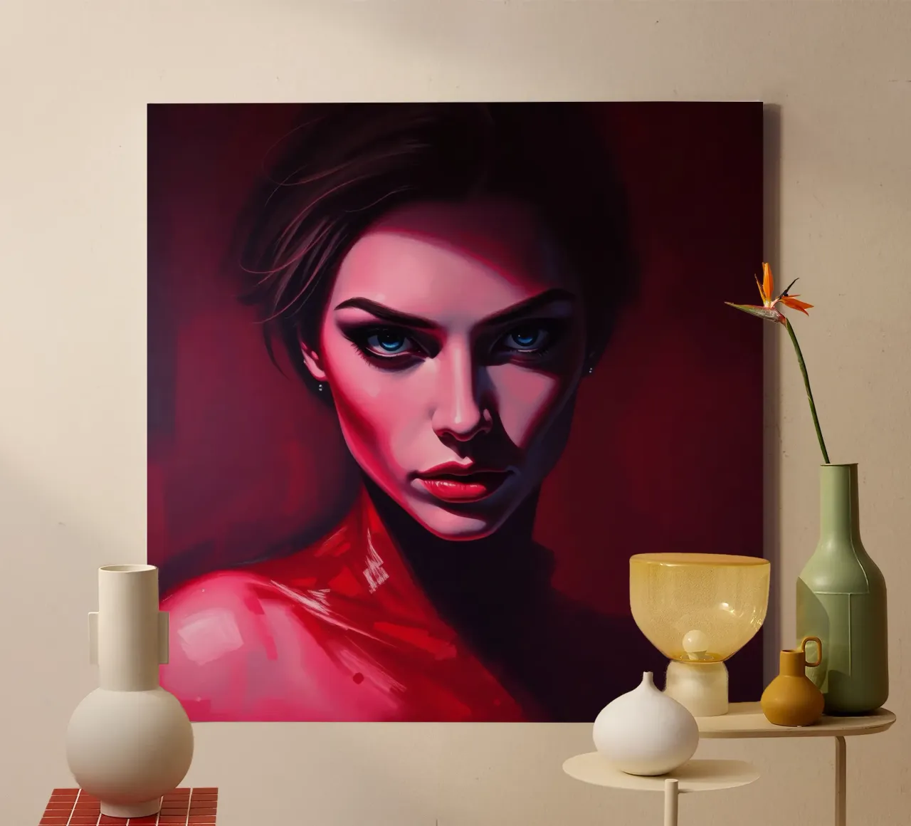 donna che mostra colori vivaci e un'espressione intensa tela da DesignDoodle