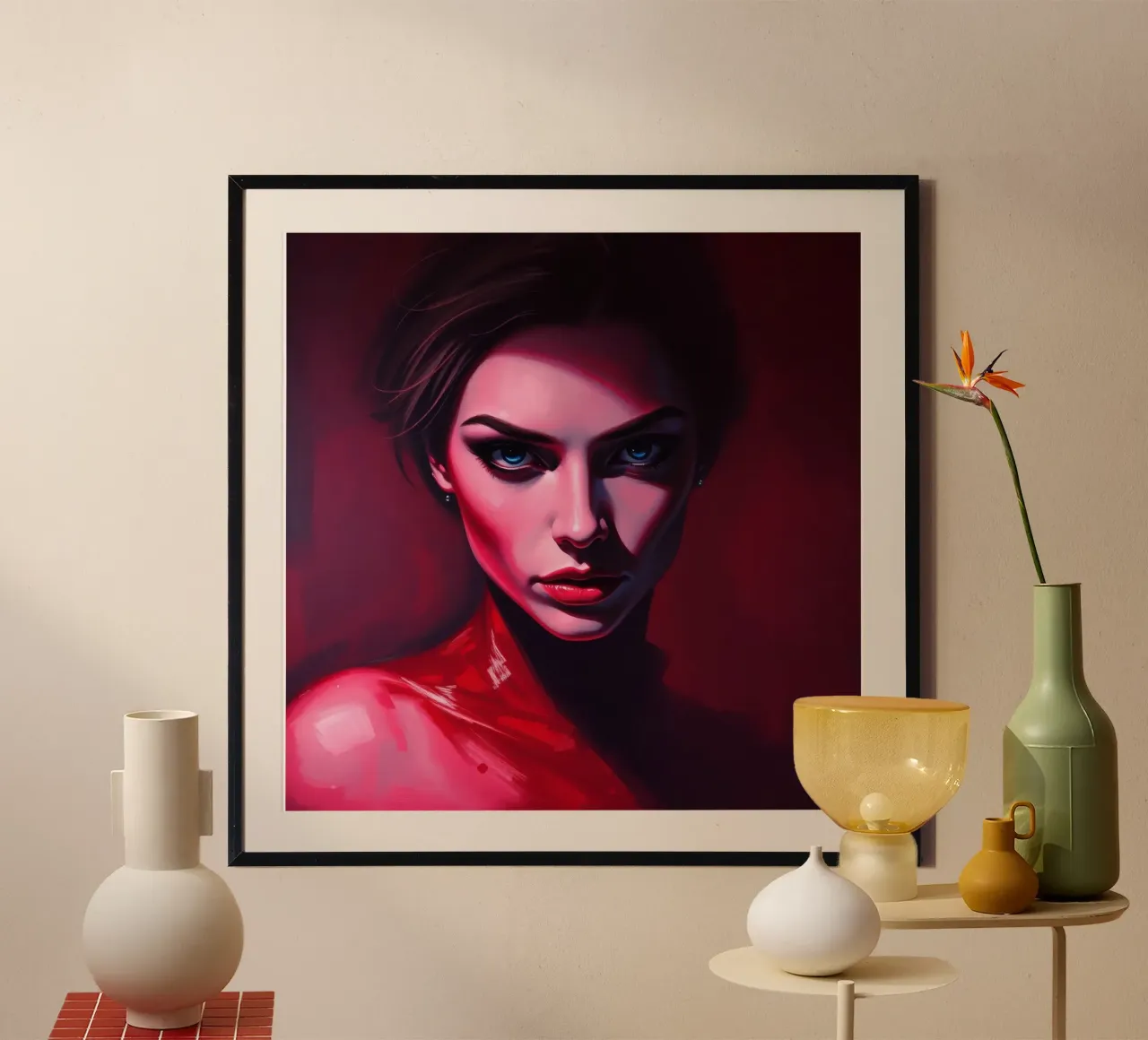 donna che mostra colori vivaci e un'espressione intensa poster con telaio in alluminio da DesignDoodle