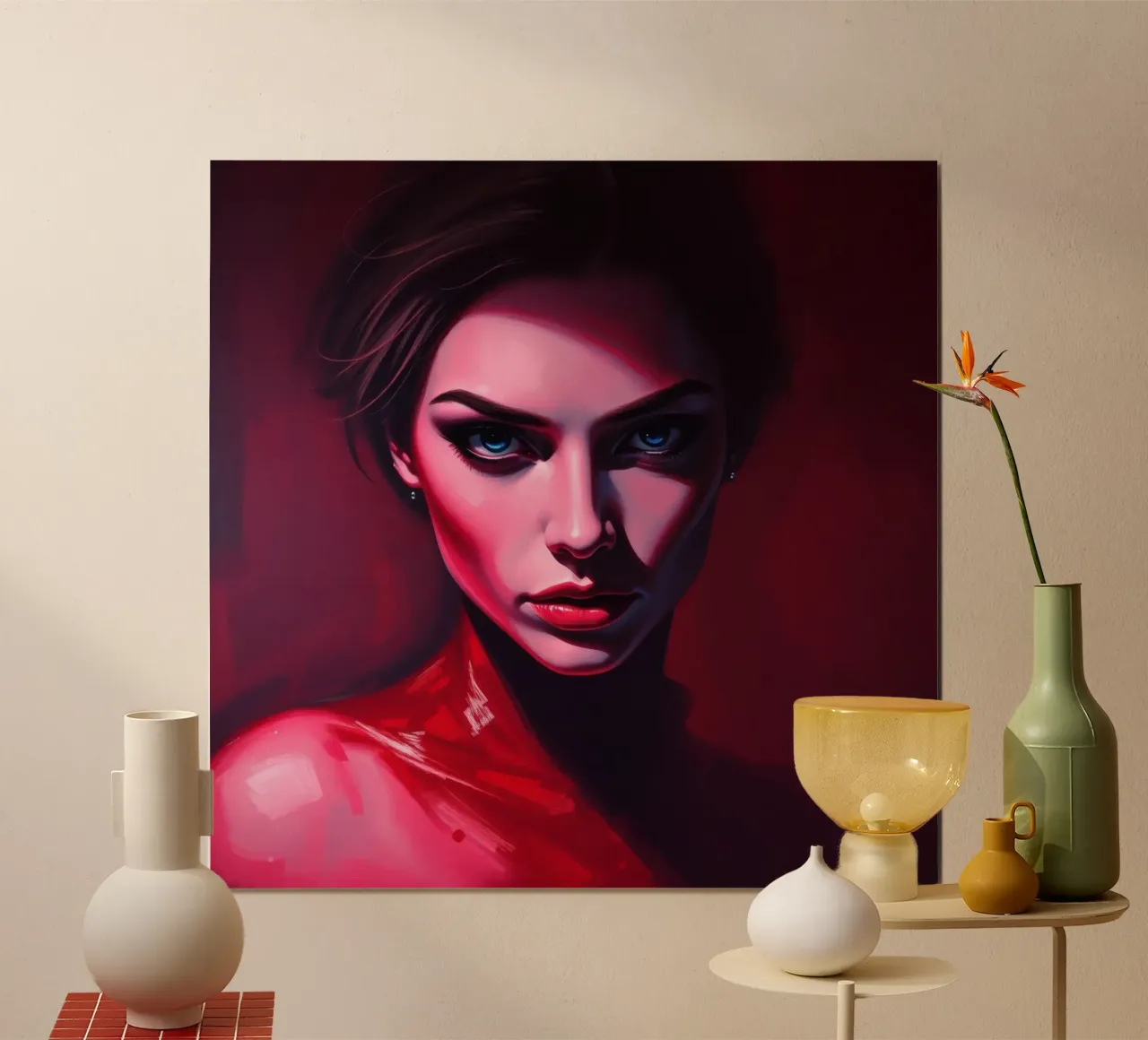 donna che mostra colori vivaci e un'espressione intensa poster con telaio in alluminio da DesignDoodle