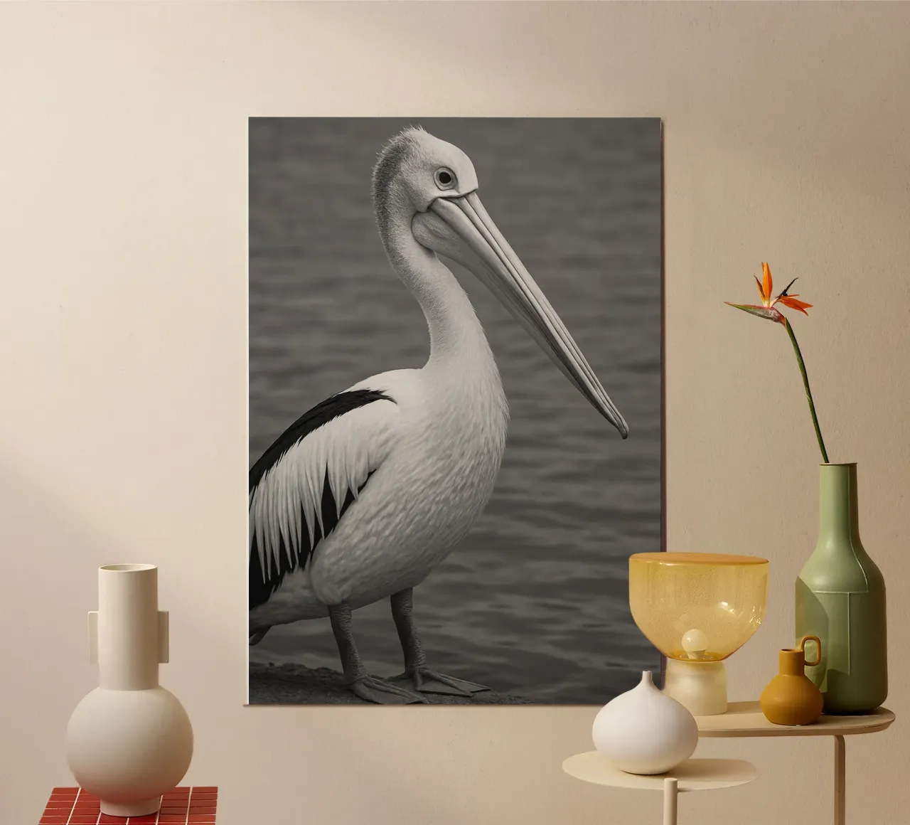 uccello pellicano fotografia in bianco e nero poster con telaio in plastica da the gunduls
