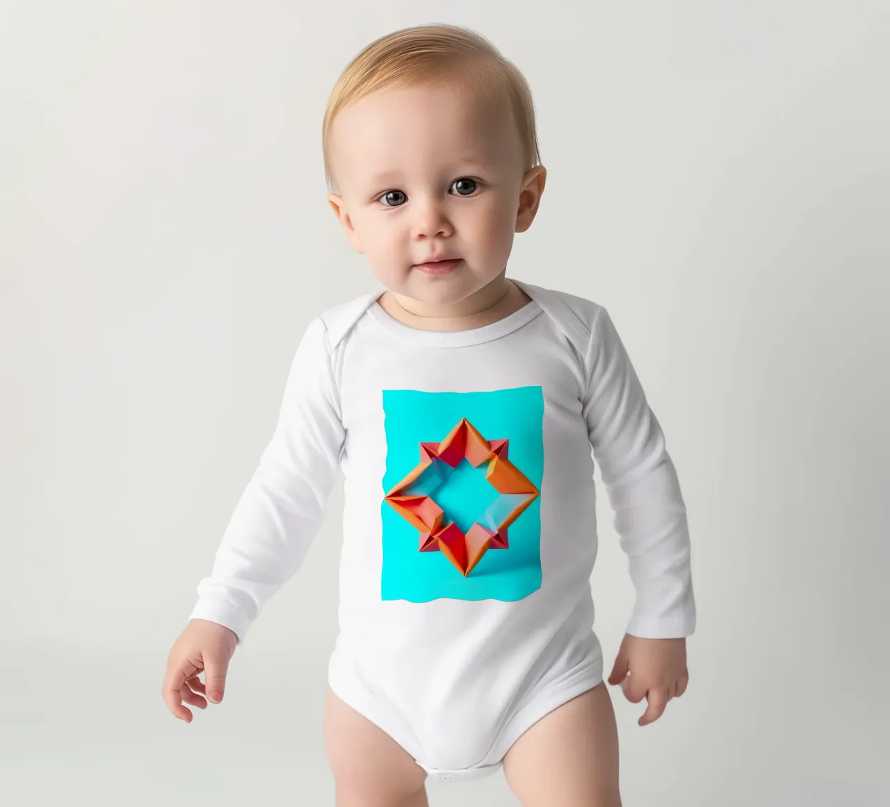 origami star shape displayed against a bright turquoise art long-sleeve baby romper by DesignDoodle
