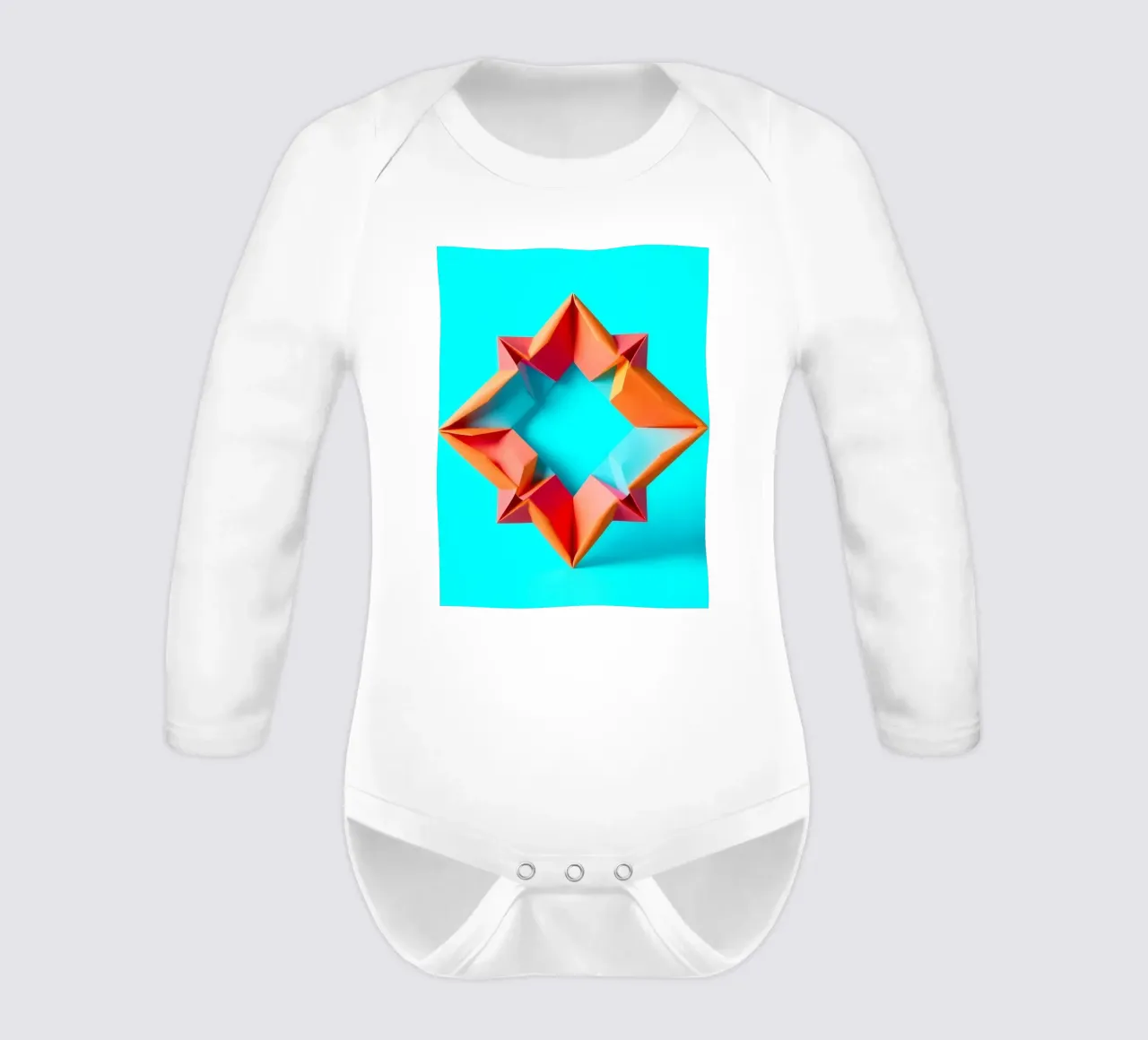 origami star shape displayed against a bright turquoise art long-sleeve baby romper by DesignDoodle
