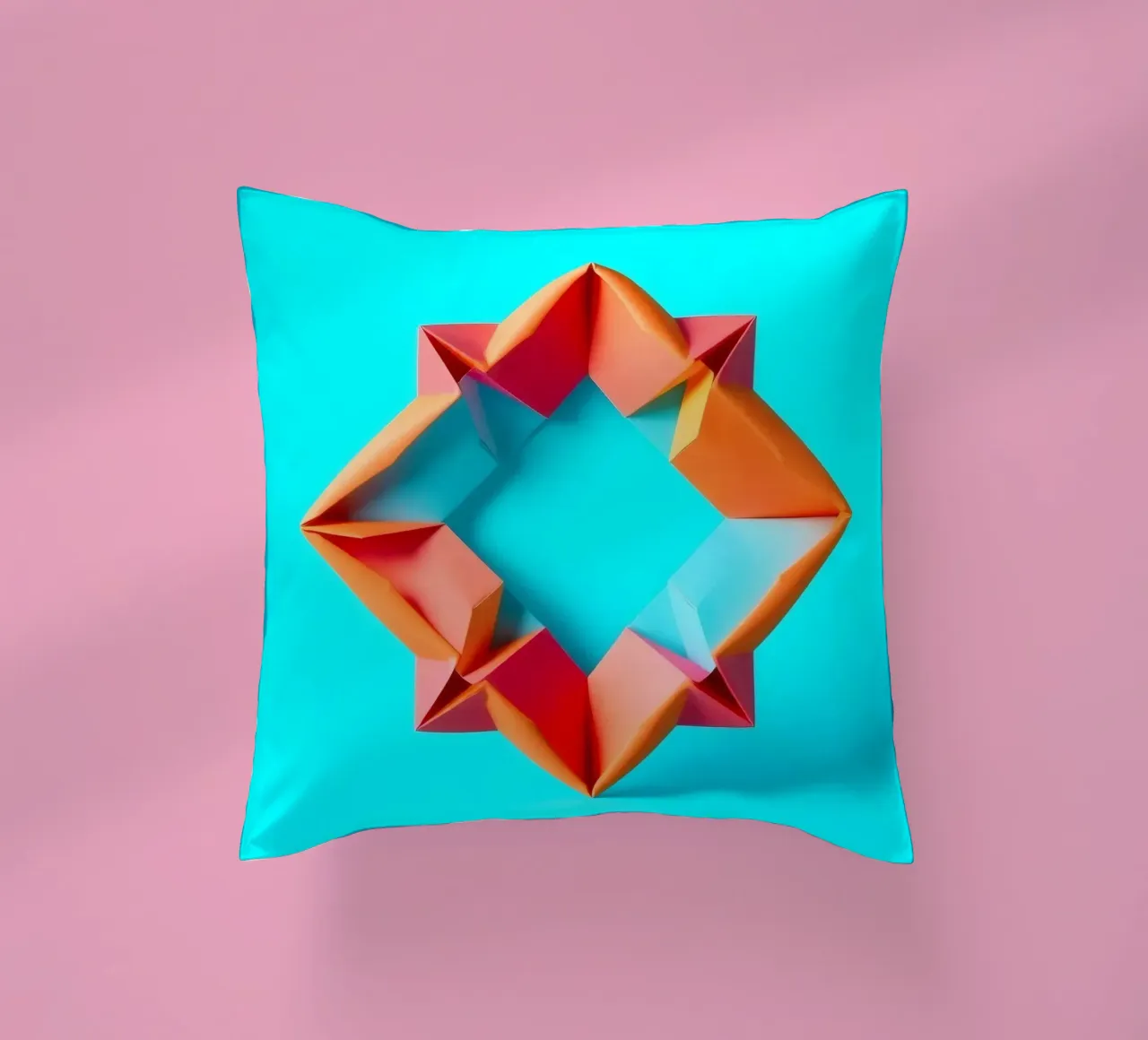 origami star shape displayed against a bright turquoise art decorative cushion by DesignDoodle